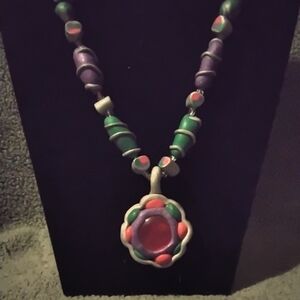 Unsigned Clay Bead Necklace 13 In